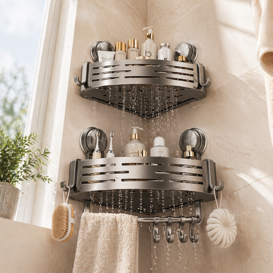 No Drill Corner Shelf Washroom- Restroom Wall Mounted Waterproof Shower Shelf Slim Bathroom Shelving Unit Shower Storage Rack with Hooks