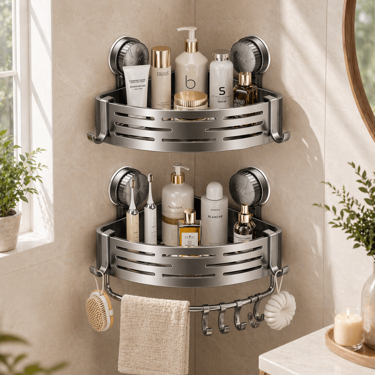 Wall Mounted Bathroom Corner Shelf, Bathroom Wall Storage Shelf, Small Bathroom Shelf with Hooks, Wall Mounted Shower Shelf, Bathroom Shelving Unit