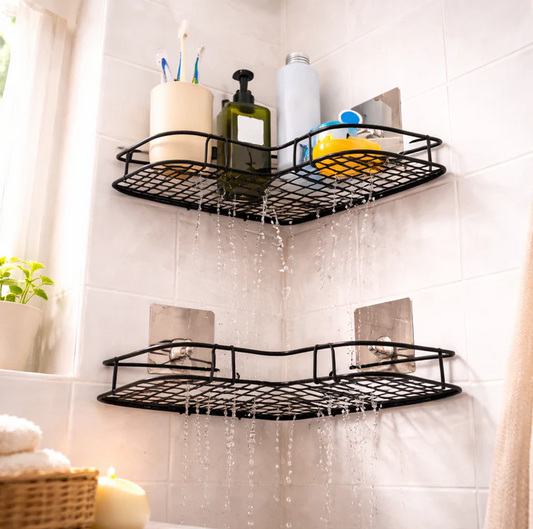 Corner Wall Mounted Bathroom Shelves – Black Restroom No Drill Shower Storage Rack Shower Shelf, Adhesive Washroom Shelving Unit