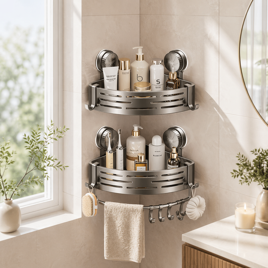No Drill Corner Shelf Washroom- Restroom Wall Mounted Waterproof Shower Shelf Slim Bathroom Shelving Unit Shower Storage Rack with Hooks