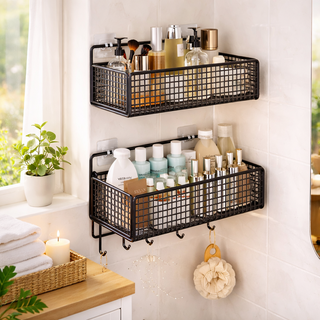 Bathroom Shelving Unit 2 Tier Wall Mounted Bathroom Shelves Black Shower Shelf No Drill Storage Rack Toilet Organiser