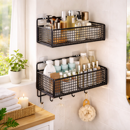 Bathroom Shelving Unit 2 Tier Wall Mounted Bathroom Shelves Black Shower Shelf No Drill Storage Rack Toilet Organiser