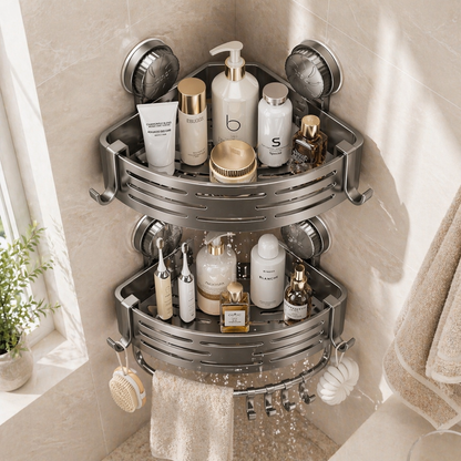 Wall Mounted Bathroom Corner Shelf, Bathroom Wall Storage Shelf, Small Bathroom Shelf with Hooks, Wall Mounted Shower Shelf, Bathroom Shelving Unit