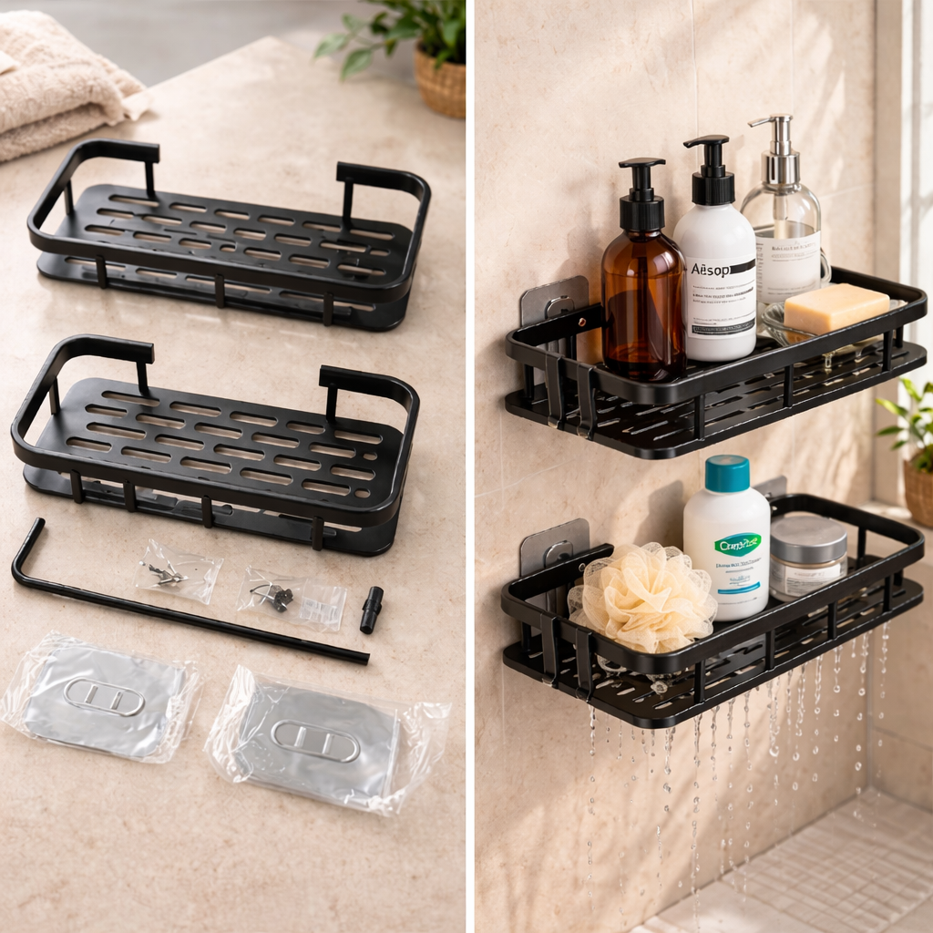 Aluminium Black Wall Mounted Bathroom Shelves No Drill – Black Shower 2 Tier Pack Storage Shower Washroom Shelf Unit, Space Saving Rack