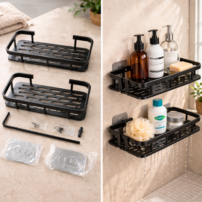 Aluminium Black Wall Mounted Bathroom Shelves No Drill – Black Shower 2 Tier Pack Storage Shower Washroom Shelf Unit, Space Saving Rack