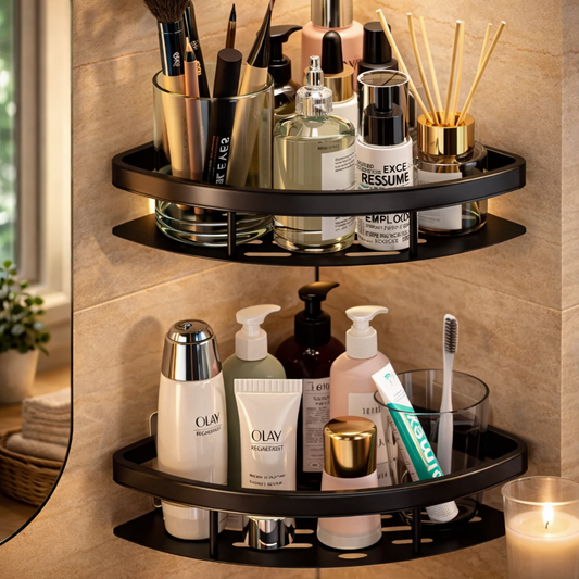 Black Corner Bathroom Shelf Shower Storage Organizer, No Drill Wall Mounted Corner Rack, Space Saving Bathroom Shelves Unit