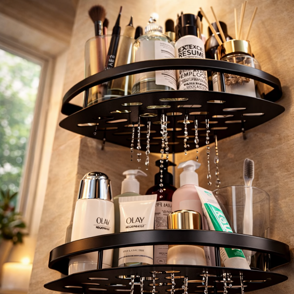 Black Corner Bathroom Shelf Shower Storage Organizer, No Drill Wall Mounted Corner Rack, Space Saving Bathroom Shelves Unit