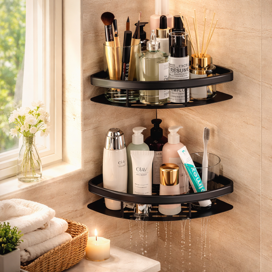 Black Corner Bathroom Shelf Shower Storage Organizer, No Drill Wall Mounted Corner Rack, Space Saving Bathroom Shelves Unit