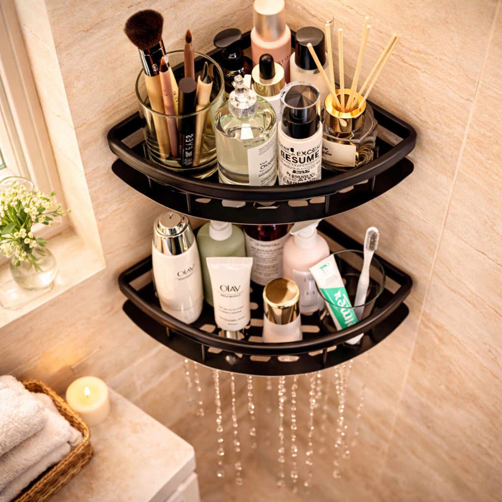 Black Corner Bathroom Shelf Shower Storage Organizer, No Drill Wall Mounted Corner Rack, Space Saving Bathroom Shelves Unit