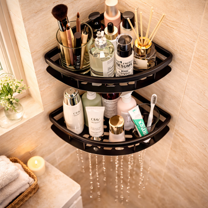 Black Corner Bathroom Shelf Shower Storage Organizer, No Drill Wall Mounted Corner Rack, Space Saving Bathroom Shelves Unit