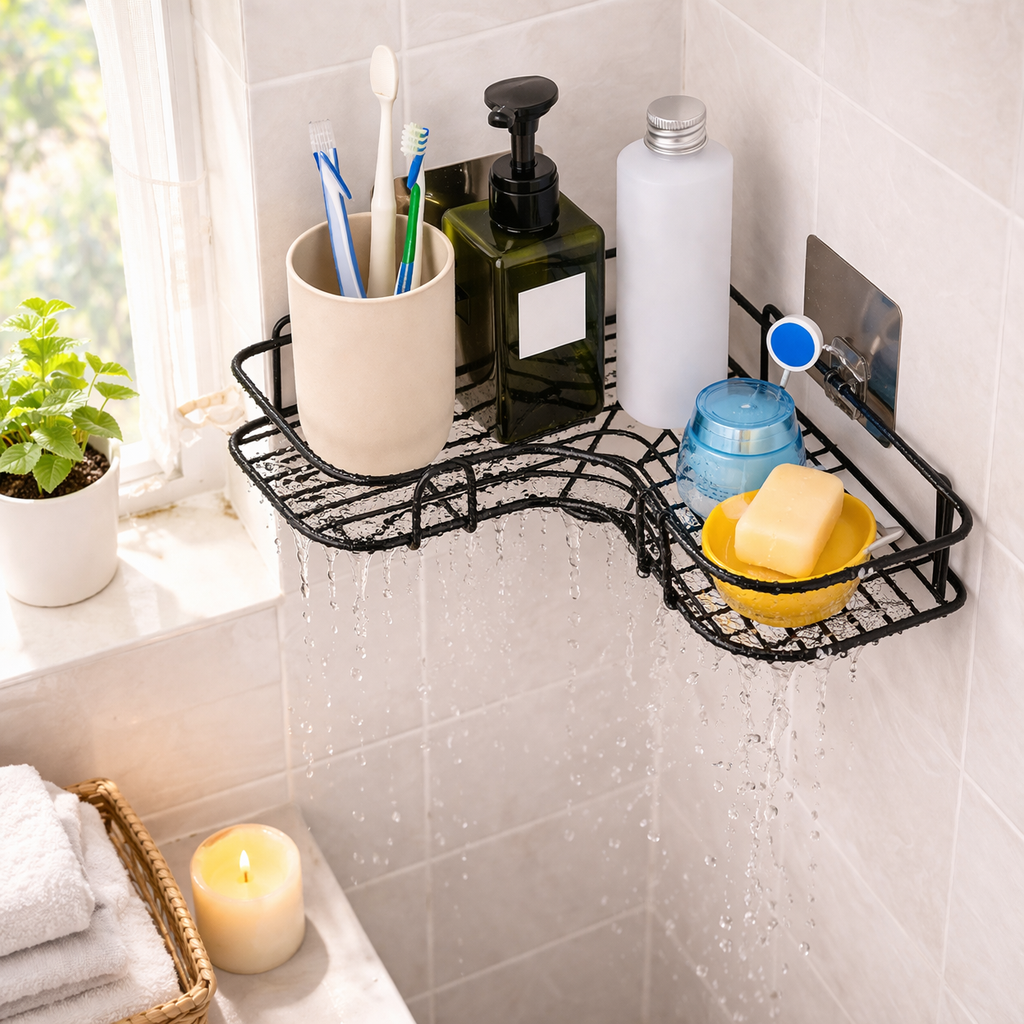 Corner Wall Mounted Bathroom Shelves – Black Restroom No Drill Shower Storage Rack Shower Shelf, Adhesive Washroom Shelving Unit