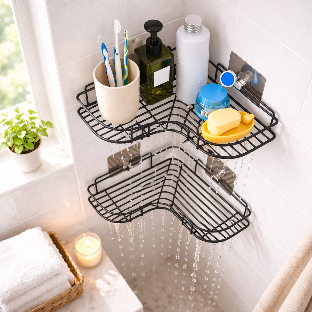 Corner Wall Mounted Bathroom Shelves – Black Restroom No Drill Shower Storage Rack Shower Shelf, Adhesive Washroom Shelving Unit