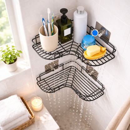 Corner Wall Mounted Bathroom Shelves – Black Restroom No Drill Shower Storage Rack Shower Shelf, Adhesive Washroom Shelving Unit