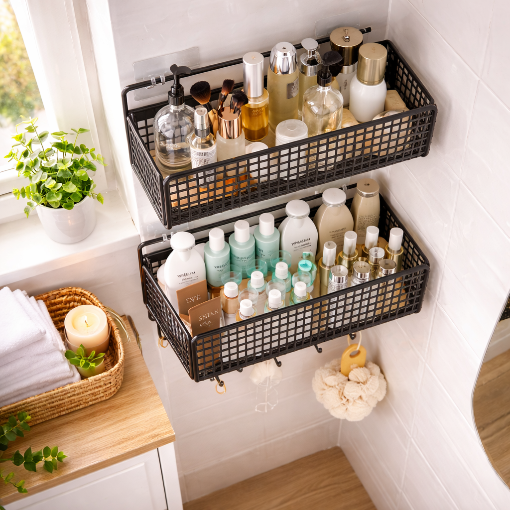 Bathroom Shelving Unit 2 Tier Wall Mounted Bathroom Shelves Black Shower Shelf No Drill Storage Rack Toilet Organiser