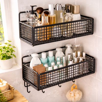 Bathroom Shelving Unit 2 Tier Wall Mounted Bathroom Shelves Black Shower Shelf No Drill Storage Rack Toilet Organiser