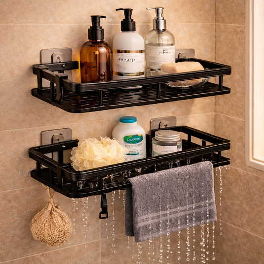 Aluminium Black Wall Mounted Bathroom Shelves No Drill – Black Shower 2 Tier Pack Storage Shower Washroom Shelf Unit, Space Saving Rack