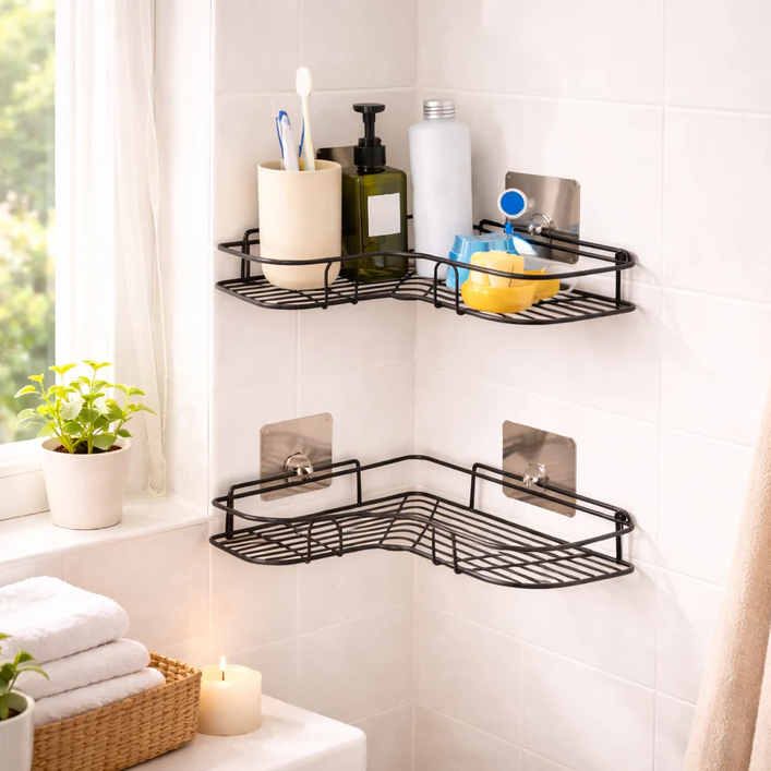 Corner Wall Mounted Bathroom Shelves – Black Restroom No Drill Shower Storage Rack Shower Shelf, Adhesive Washroom Shelving Unit