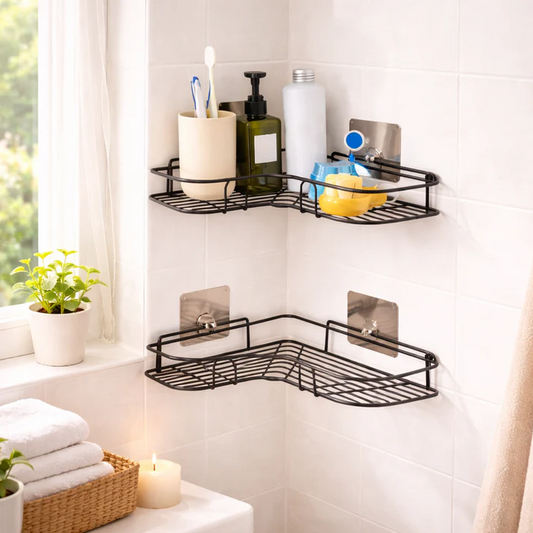 Corner Wall Mounted Bathroom Shelves – Black Restroom No Drill Shower Storage Rack Shower Shelf, Adhesive Washroom Shelving Unit