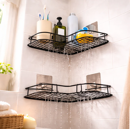 Corner Wall Mounted Bathroom Shelves – Black Restroom No Drill Shower Storage Rack Shower Shelf, Adhesive Washroom Shelving Unit