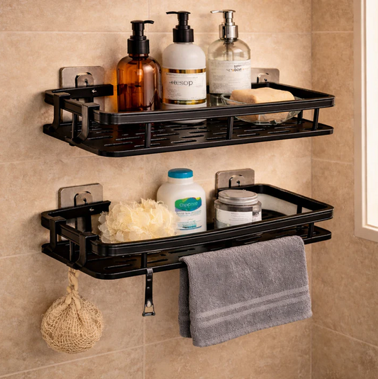 Aluminium Black Wall Mounted Bathroom Shelves No Drill – Black Shower 2 Tier Pack Storage Shower Washroom Shelf Unit, Space Saving Rack