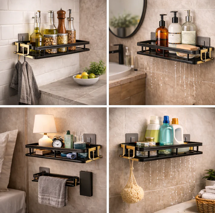 Aluminium Black Wall Mounted Bathroom Shelves No Drill – Black Shower 2 Tier Pack Storage Shower Washroom Shelf Unit, Space Saving Rack