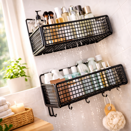 Bathroom Shelving Unit 2 Tier Wall Mounted Bathroom Shelves Black Shower Shelf No Drill Storage Rack Toilet Organiser