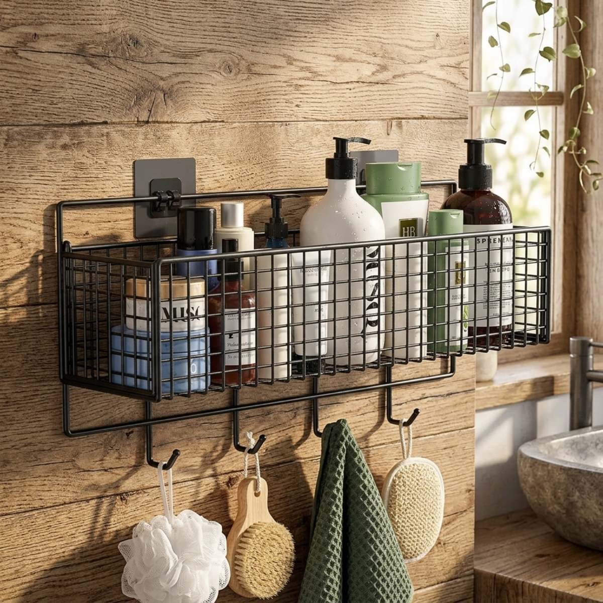 A black metal wall-mounted bathroom storage basket with hanging hooks, shown filled with toiletries and set against a rustic wood wall. A sink and window are partially visible at the right edge.